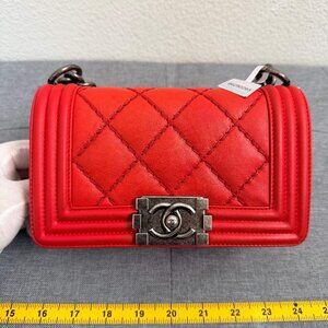 Chanel Boy Bag Small Quilted Lambskin Leather Chain Shoulder Bag Red
